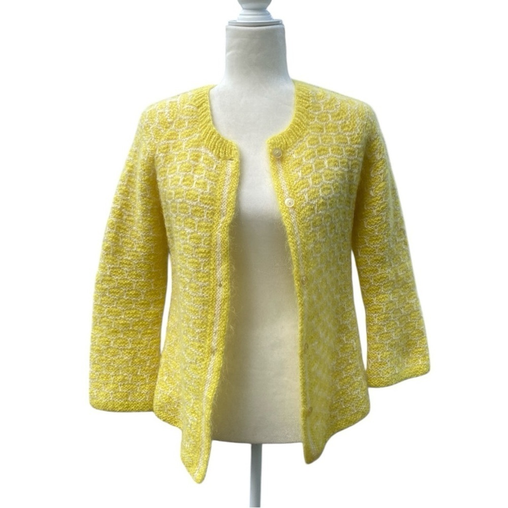 Handmade Vintage Womens Yellow Crochet Knit Cardigan Sweater